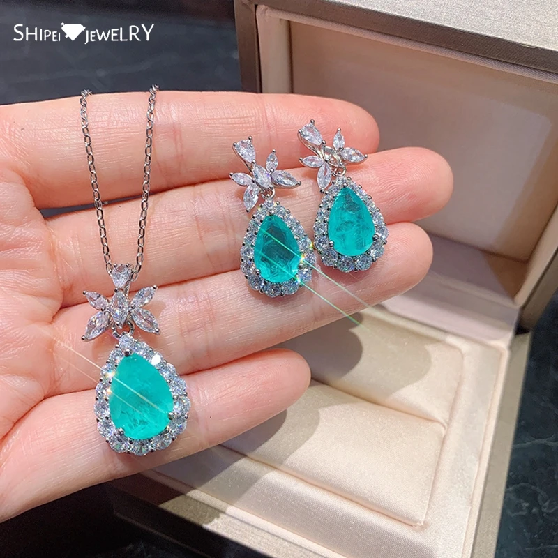 

Shipei Romantic 925 Sterling Silver Pear Paraiba Tourmaline Emerald Gemstone Earrings/Pendant/Necklace Engagement Jewelry Set
