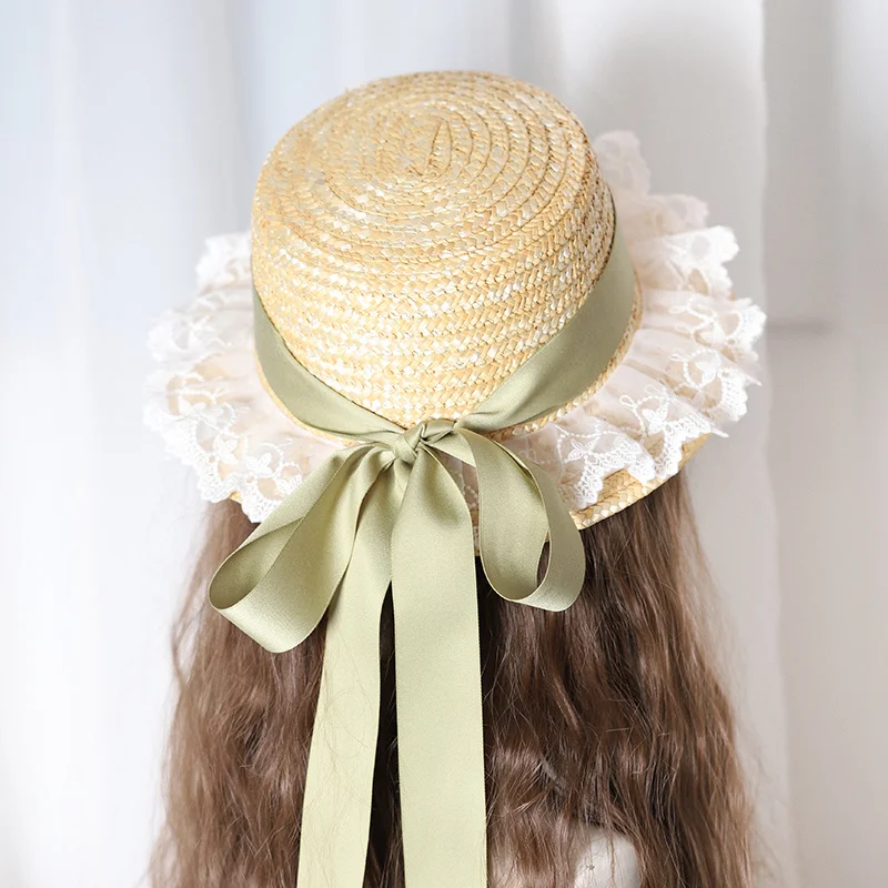 

Соломенная шляпа в стиле "Лолита", женская летняя шляпа от солнца в пасторальном стиле с бантом и лентой, Пляжная Шляпа