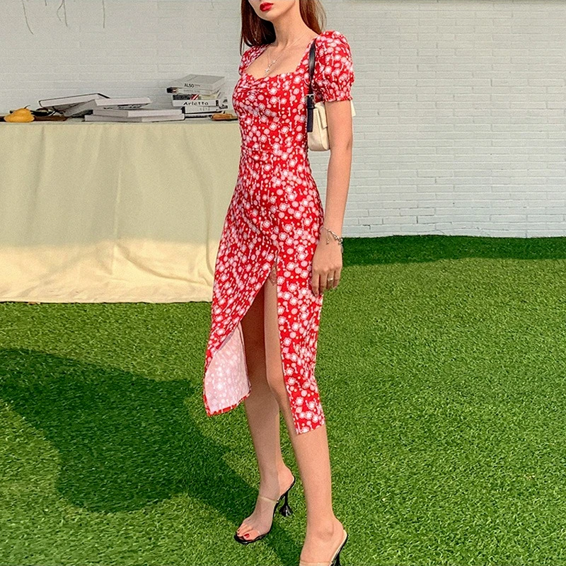 

2021 Summer Women Vintage Square Collar Puff Sleeve Floral Print Dress New Fashion France Cottagecore Side Split Midi Sexy Dress