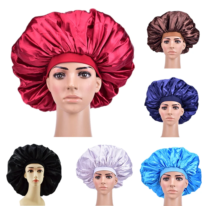 

Extra Large Satin Sleep Cap High Quality Waterproof Shower Cap Protect Hair Women Hair Treatment Hat 6 Colors