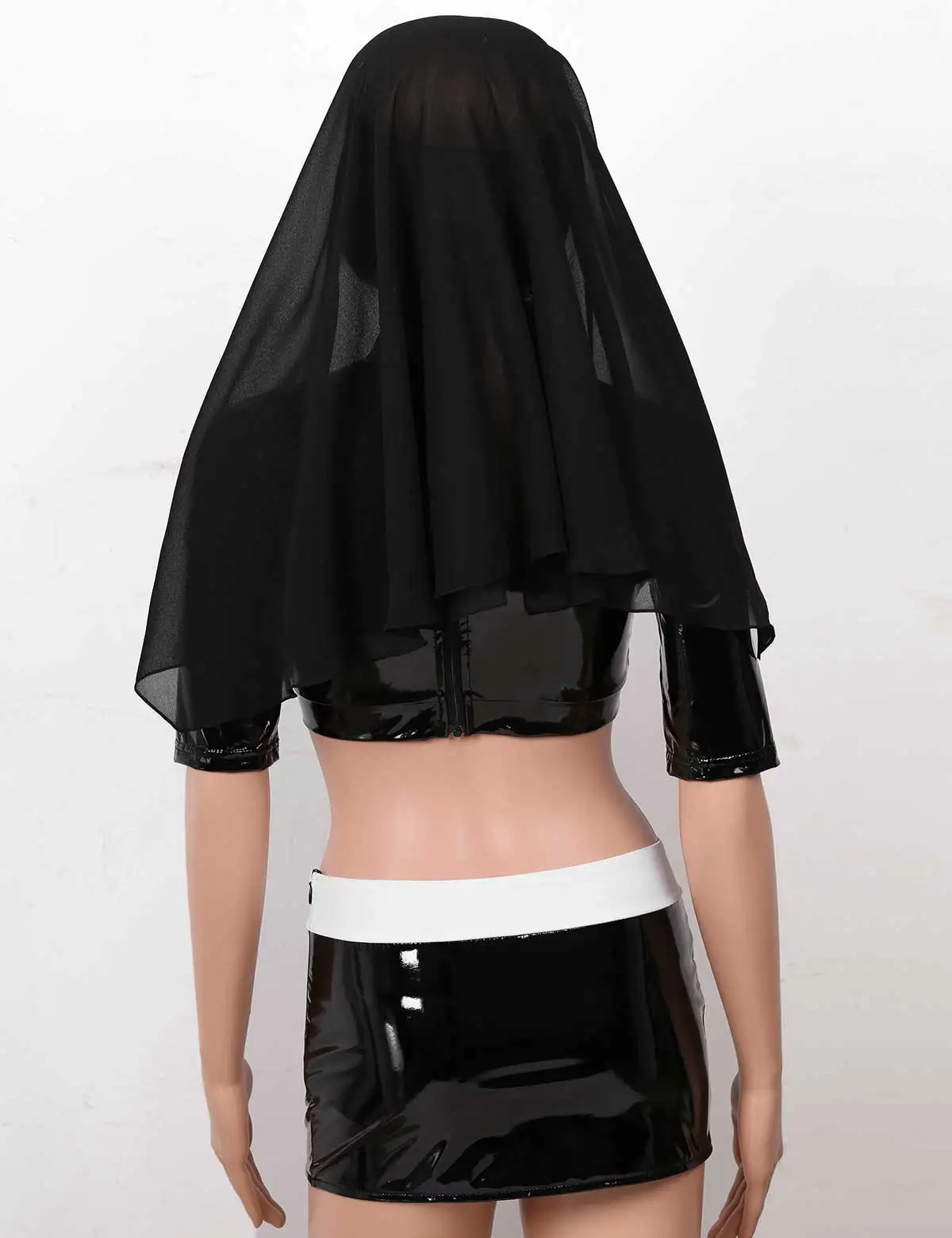 Женский костюм для косплея монашки кожаный кроп-топ Wetlook + мини-юбка головной убор