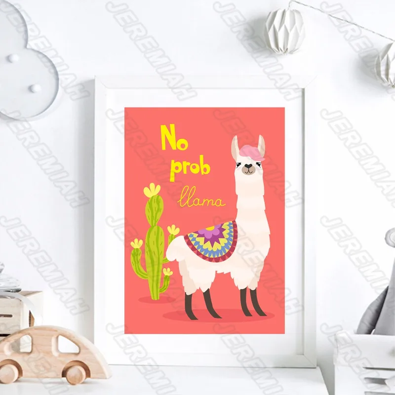 

Cartoon Alpaca Alphabet Cactus Poster Nordic Style Wall Art Canvas Print Art Painting Children Bedroom Decoration