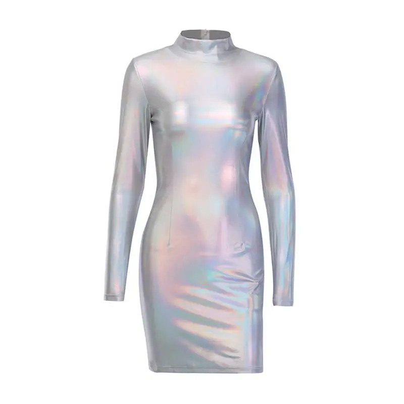 Женское блестящее платье с длинным рукавом фиолетовое облегающее мини-платье