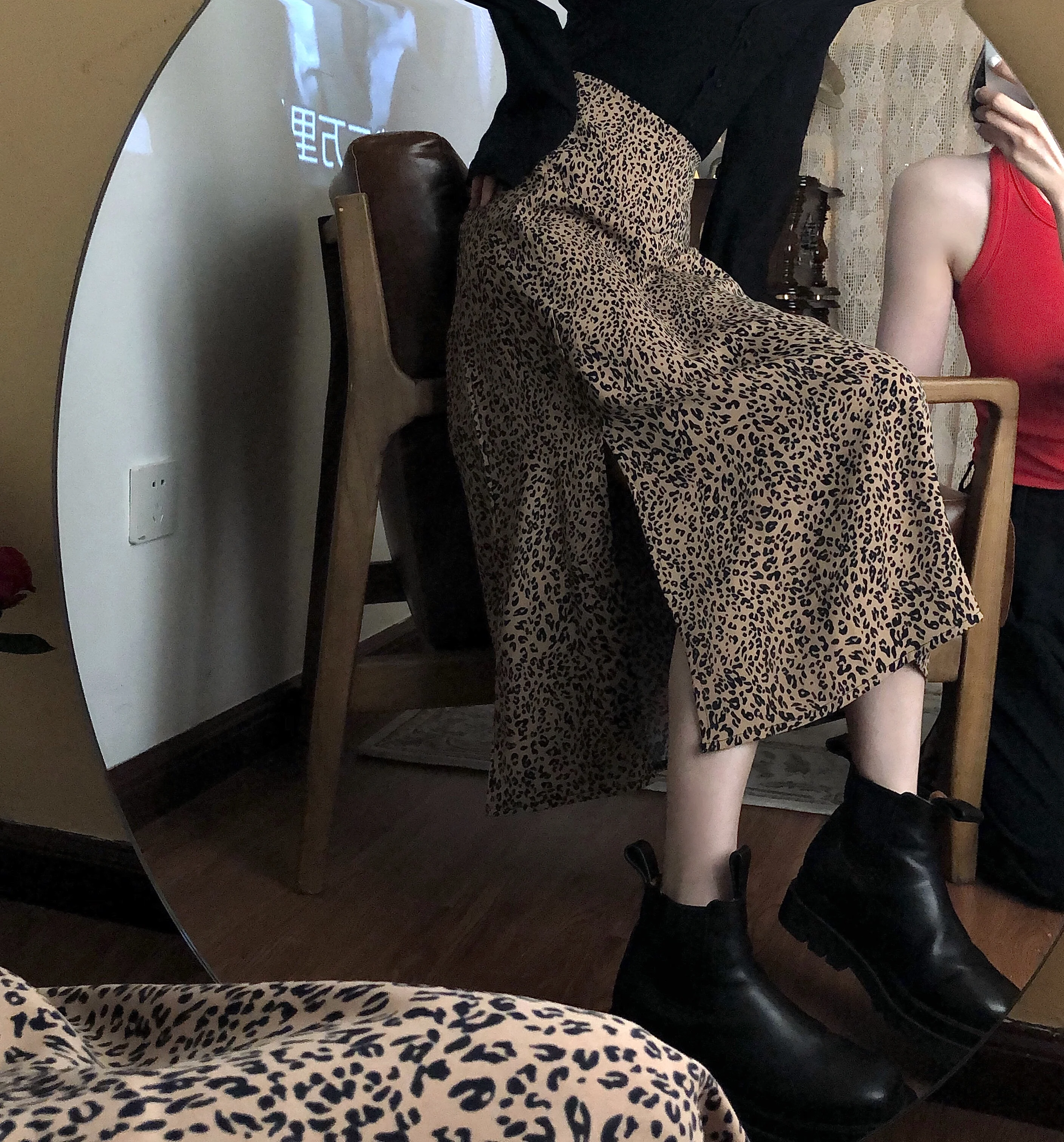 Винтажная леопардовая юбка с разрезом для женщин завышенной талией принтом