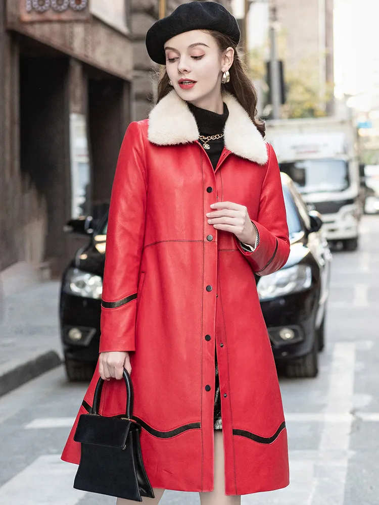 

2021 New Sheep Leather Windbreaker Coat Mink Detachable Collar Leather Down Jacket Women's Medium Length