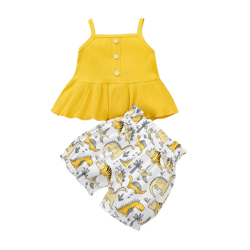 

1-5T Baby Girls Set, Casual Sweet Solid Color Ribbing Falbala Slim Elastic Sling Tops, Cartoon Print Loose Shorts, Daily Life