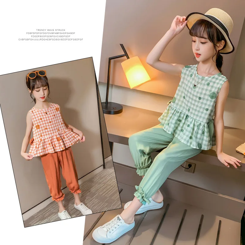 

2021 children's clothing girls summer sleeveless plaid two-piece cute and simple