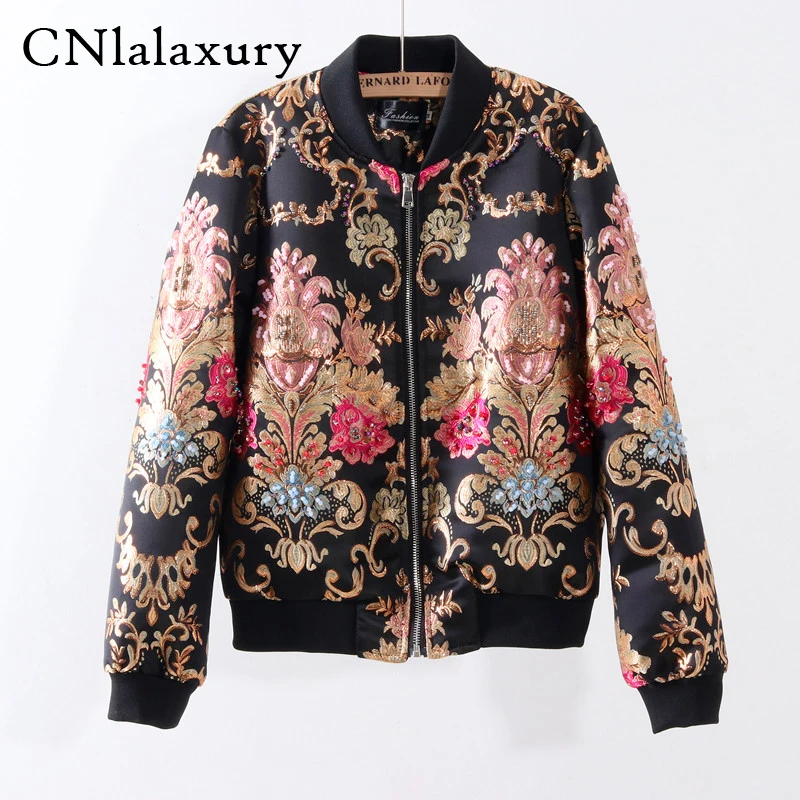 

Floral Embroidery Baseball Coat Beaded Flowers Bomber Jacket Autumn Zipper Cardigan Long Sleeve Outwear Loose Jackets Tops