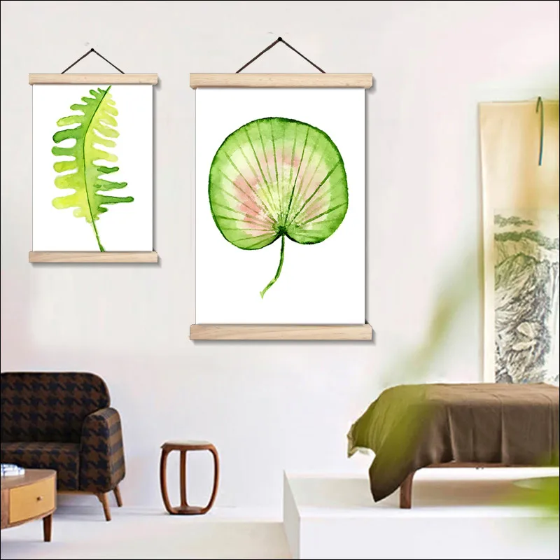 

Scroll Painting Northern Europe Green Leaf Canvas Painting with Frame, Green Plant Leaf Specimen Poster Addmagnetic Suction Fra