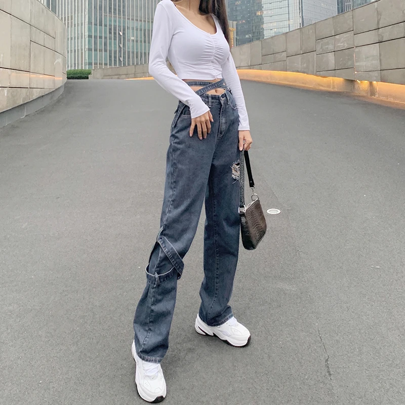 Jeans Woman Detachable Streamer Ripped Jeans Women Retro High Waist Straight Leg Loose Wide Leg Pants Jeans Ladies Fashion