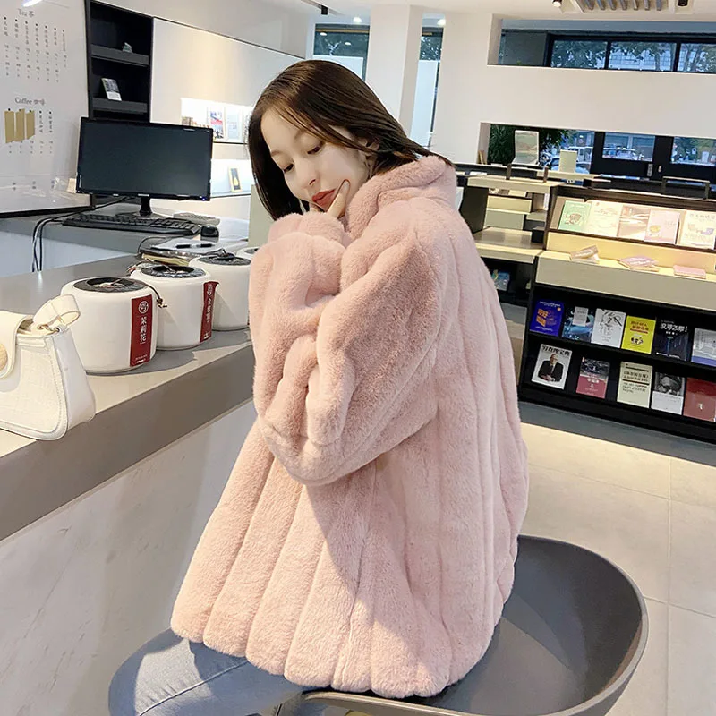 2021 Casual  Furry Faux Rabbit Fur Coat Women Stand Collar Winter Plush Fur Coats Warmer Long Sleeve High Quality Woman Jacket