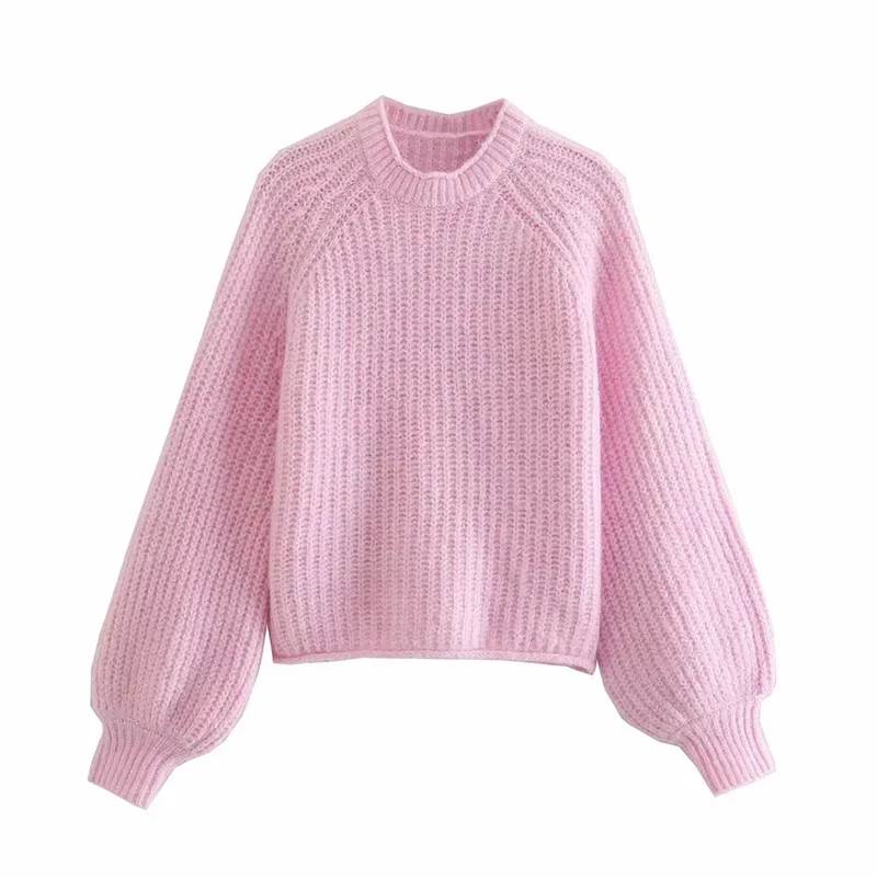 

Woman Sweet Pink Loose Lantern Sleeve Sweater 2021 Autumn Female Solid Long Sleeve O-Neck Pullover Girls Soft Oversied Sweaters