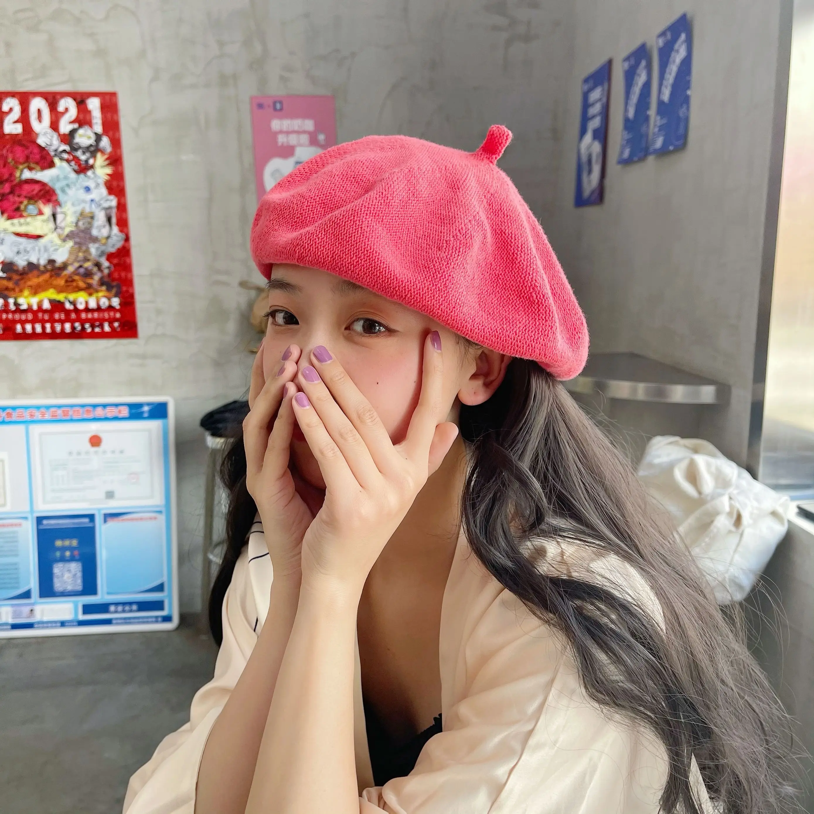 

INS Japanese Sweet Knitted Cotton Painter Hat Female Korean Candy Color Simple Summer Breathable Beret Gorros For Women Gril