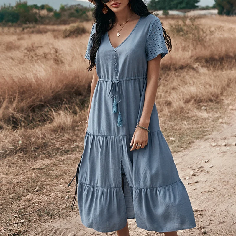 

Drawstring Short Sleeve Dress Hollow Out Vintage Beach Boho Dresses Women Casual Loose Midi Elegant Robe
