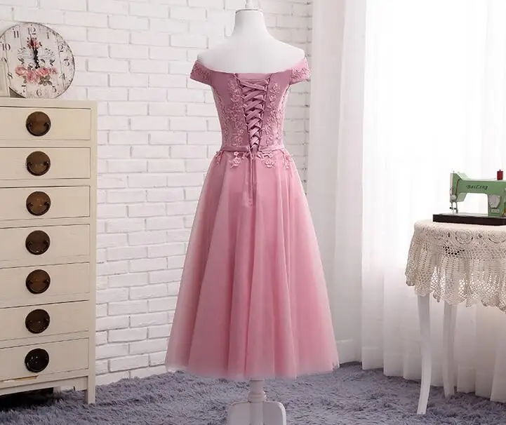 

Customsize Off Shoulder Short Pink Prom Dresses A Line Appliques Lace Back Lace-up Formal Evening Party Gowns Cheap Vestidos