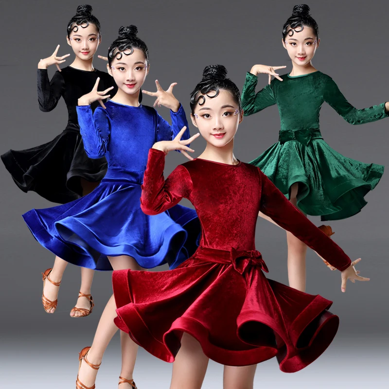 Бархатная одежда с длинным рукавом для латино-американских танцев платья детей