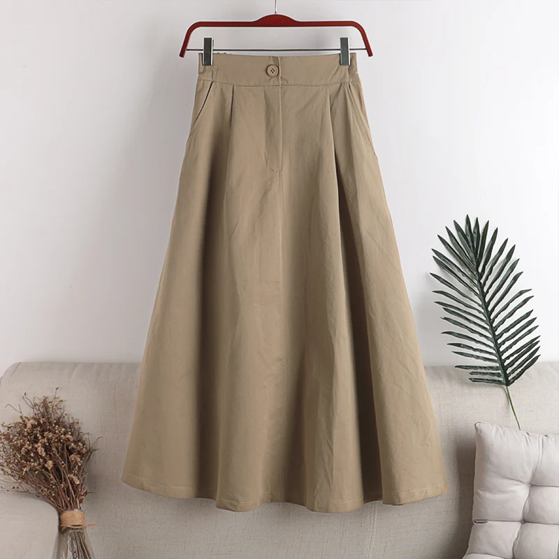 

Women Cotton Skirt 2021 Spring Summer Preppy Style Solid Casual Elegant Pocket Elastic High Waist A-Line Midi Skirts Faldas