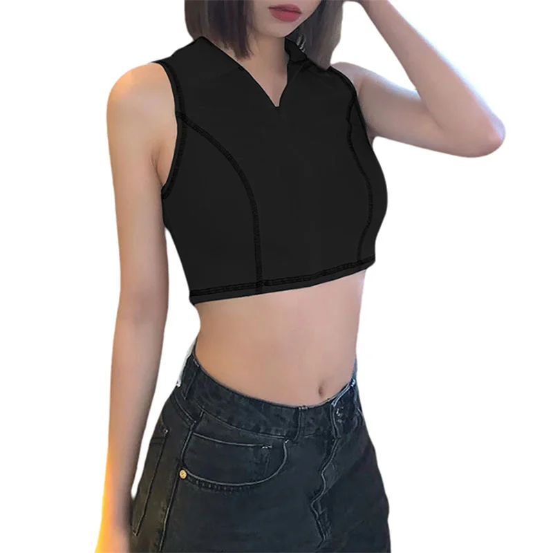 

Women's Knitted Sexy Solid Color Sleeveless Crop Tops V-Neck Casual Zip Tank Tops For Girl Dating Party