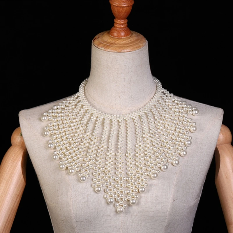 

New 2021 Design Women Pearl Beaded Bib Choker Female Party Accessories Necklace Fake Collar Jewelry