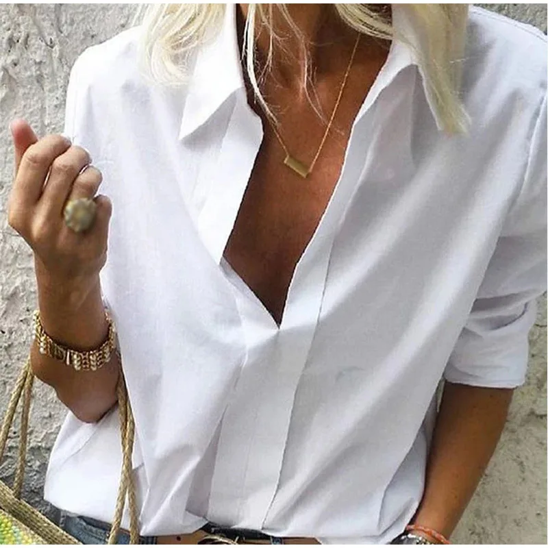solid white Весенняя женская блузка для отдыха, топы, женские офисные блузки с цепным принтом, женские стильные блузки с длинным рукавом, женские 5XL - Цвет: solid white