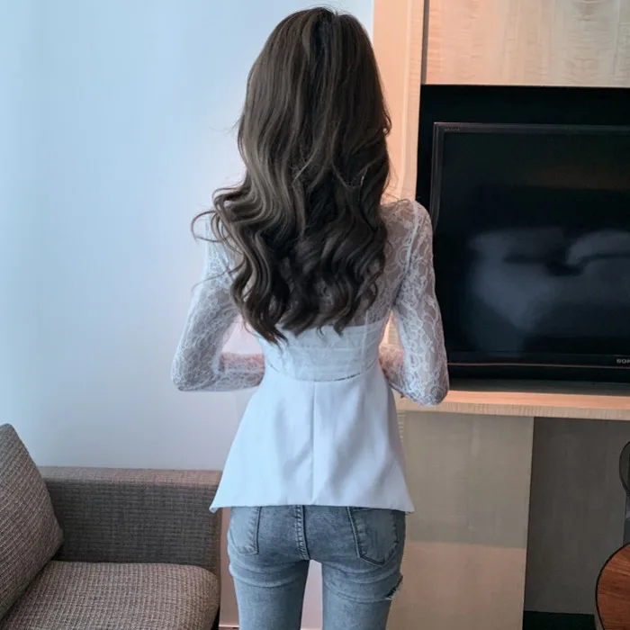 Весна Осень женская элегантная кружевная рубашка с длинным рукавом 2019 корейская