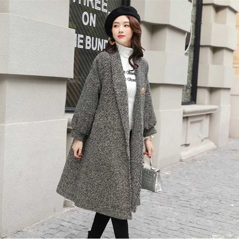 2019 осенне зимнее шерстяное пальто Женская Полосатая накидка верхняя одежда