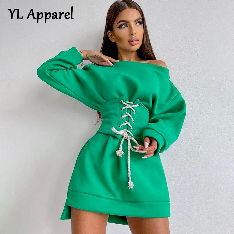 

Casual Autumn Winter O-neck Long Sleeve Tunic Corset Bandage Dress Woman Clothes Sexy Black White Green Slim Shirt Dress 2022