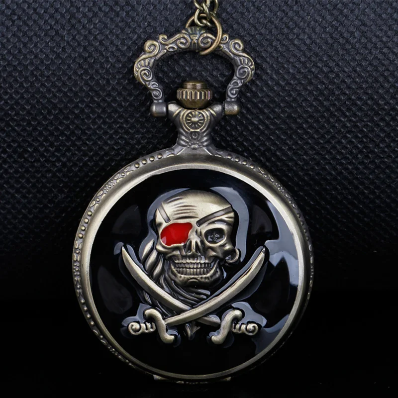 

Steampunk Quartz Pocket Watch with Chain Carribean Pirate Skull Head Horror with Chain for Men Women Pendant TD2004