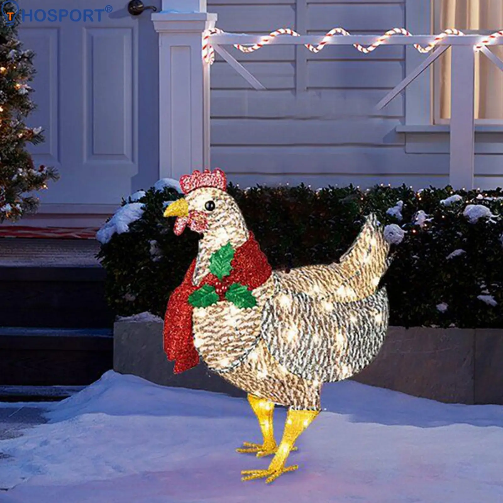 

Christmas Light Ornament Garden Decoration Light-Up Chicken with Scarf Metal Chicken Sculpture Lawn Lamp Home Party Decor Statue