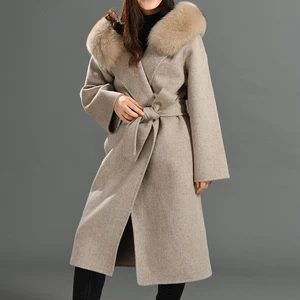 Женский кашемировый шерстяной Тренч, длинный однотонный Тренч с большим меховым капюшоном и поясом, повседневная верхняя одежда, 2020