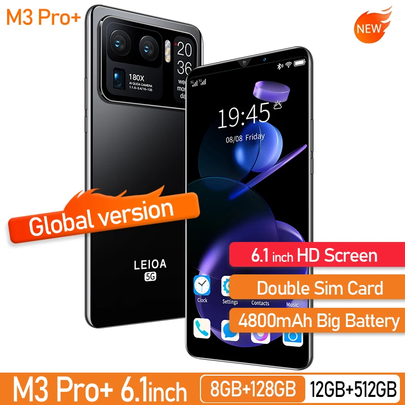 

2021 New Arrival Global Version M3 Pro+ 6.1" Smartphones HD Screen Phone 4800mAh 48MP Camera Support Google Play 5G Cellphone