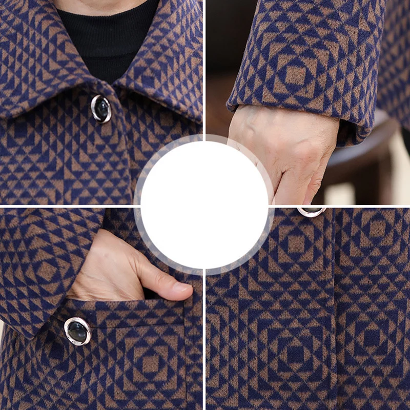 

Autumn Middle-aged old Women Jacket Coat New Plaid Single-breasted Short Wool Jacket Outerwear Plus Size 5XL Women's Basic Coats