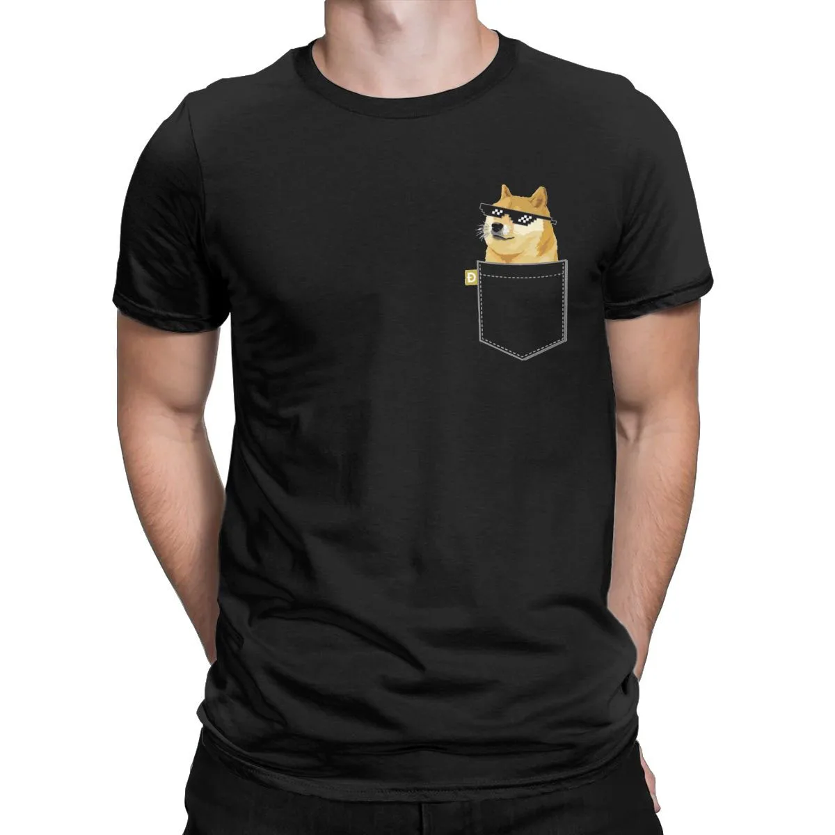 

Dogecoin Doge Coin Faux Pocket T-Shirt Men Amazing Pure Cotton Tees Round Neck Short Sleeve T Shirts Graphic Clothes
