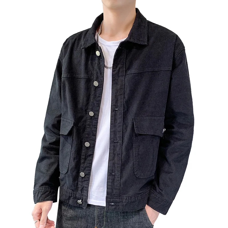 

Spring 2021 Men's Corduroy Casual Jacket Youth Slim Fit Lapel Single Breasted Multi-Bag Striped Jacket