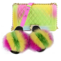 women fashion luxury fur slippers travel jelly handbag match set ladies plush furry fur slides rainbow purse beach flip flops