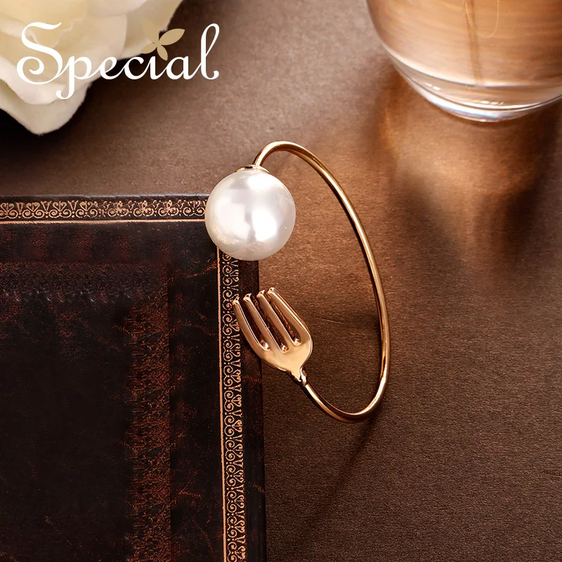 

Special Fashion Gold Fork Bracelets & Bangles Romantic Bangles End Open Adjustable Bracelet Pearl Jewelry Gifts for Women S1764C