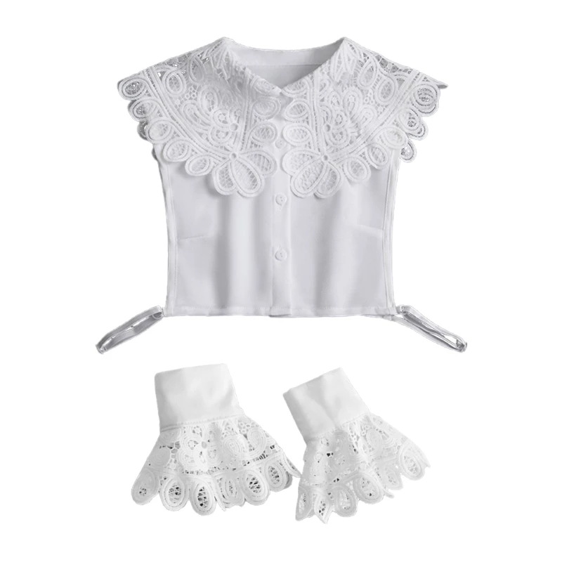 

Women 2Pcs Hollow Lace Large Lapel False Collar with Fake Sleeves Wristband Set 85WB