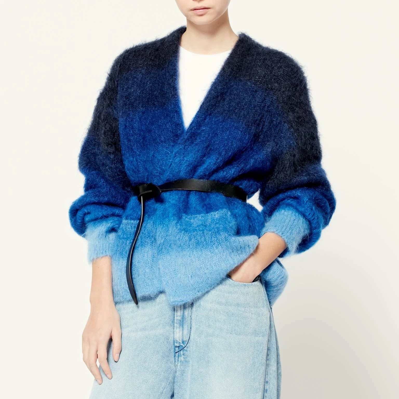 

Women Sweater 2021 Autumn and Winter Big Pin Decoration Mohair Wool Mohair Gradient Cardigan