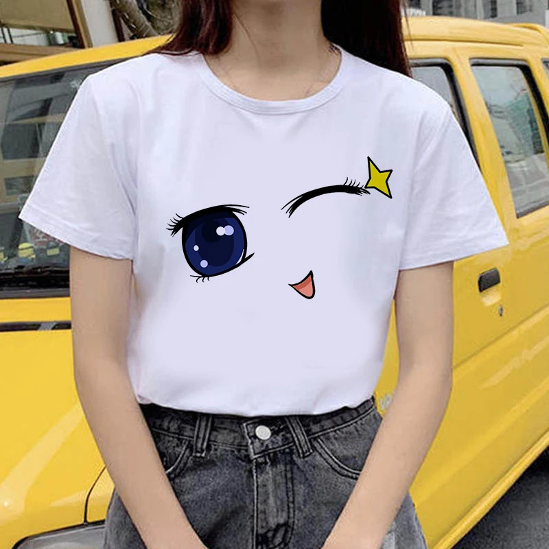 

Face Sexy Eyebrows Lip Printing Cotton Tops Ladies O-neck T-shirt Summer New Style Fashion Harajuku Style Women Tee Shirts