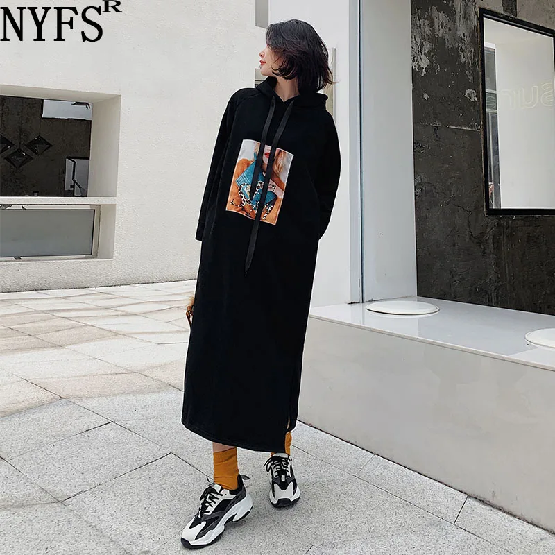 

NYFS Korean Sweatshirt Dress 2021 New Long Sleeve Hooded Fleece Woman Dress Vestidos Robe Elbise Winter Patch Printing Dresses
