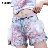 needbo ladies shorts jean women embroidery flowers shorts women jeans 2020 denim shorts women wide leg female caual summer short