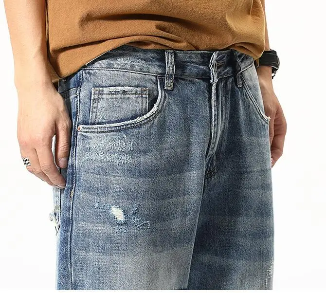 Retro Ripped Jeans Youth Men Loose Straight Casual Denim Pants Brand Patch Ankle-Length Jeans