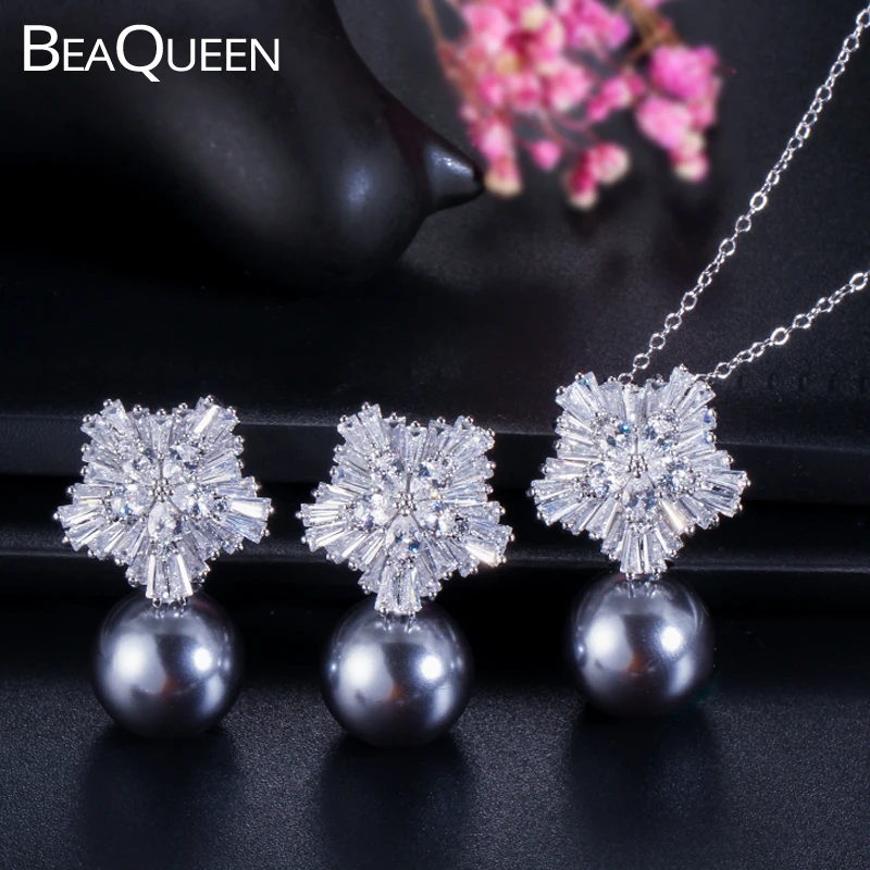 BeaQueen сверкающие кубические циркониевые большие круглые серые жемчужные серьги и