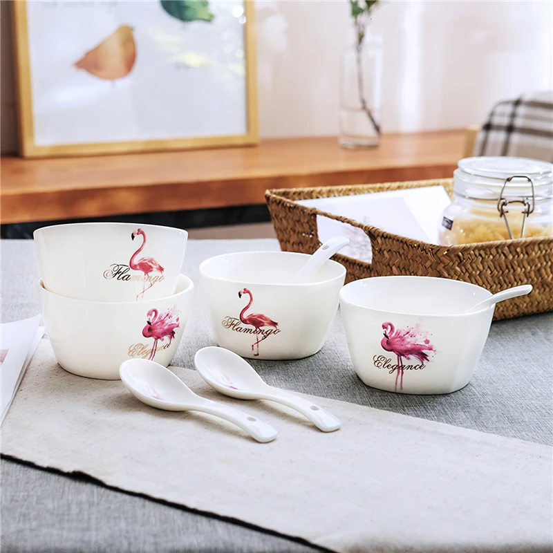 

11.5*6.5cm Ceramic Bowl Nordic Flamingo White Round 400ml Bone China Tableware Household Kitchen Supplies Dinnerware