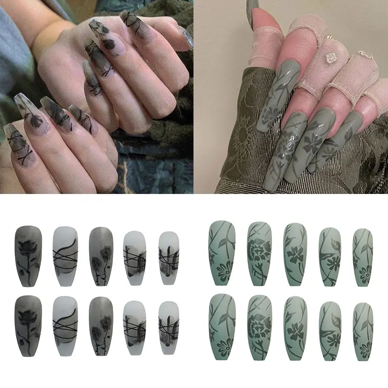 

24pcs French Fake Nails Green Black Flower False Nail Detachable Tips Nail Extension Manicure Art Press On Fake Nails Beauty