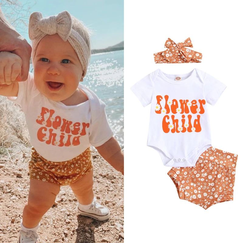 

3pcs Summer Lovely Baby Girls Clothes Sets Letter Floral Printed Romper Tops Elastic Shorts Headband 0-18M