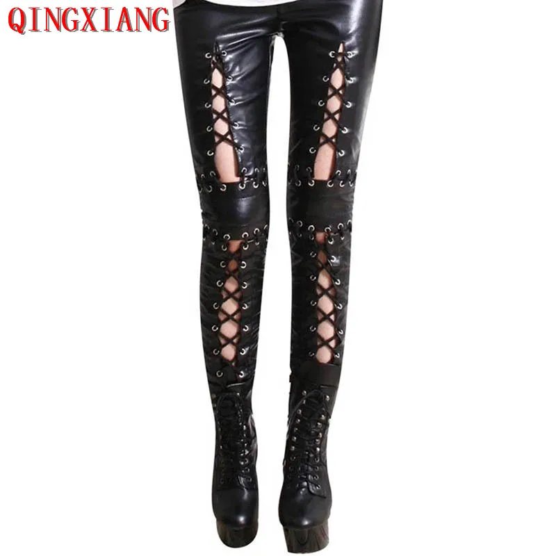 

Real Sample S-2XL 2019 PU Lace Up Pants Women Buckle Style Thigh Gothic Fetish Gay Faux Leather Night Club DS Long Pencil Pants