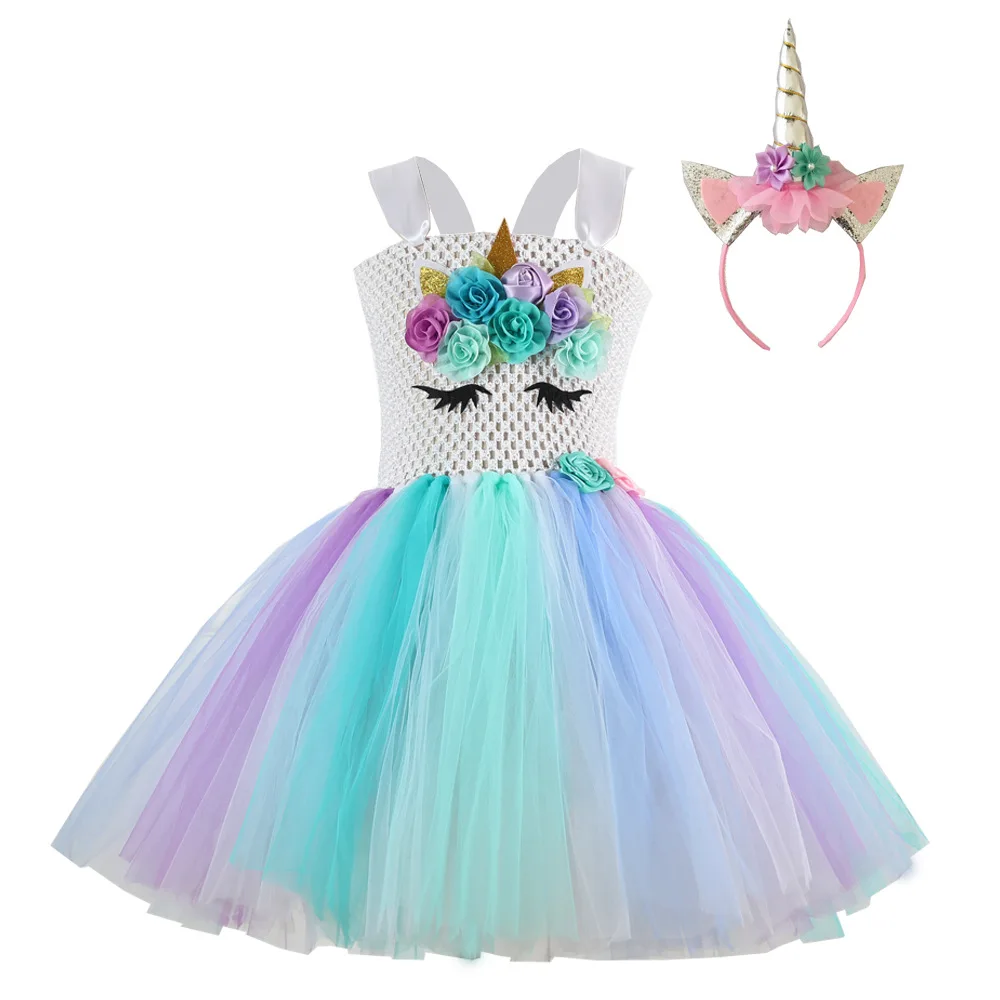 

Платье-пачка с единорогом для девочек, Пастельное Радужное платье принцессы с цветами для девочек, платье на день рождения, Детский костюм единорога на Хэллоуин, женский костюм