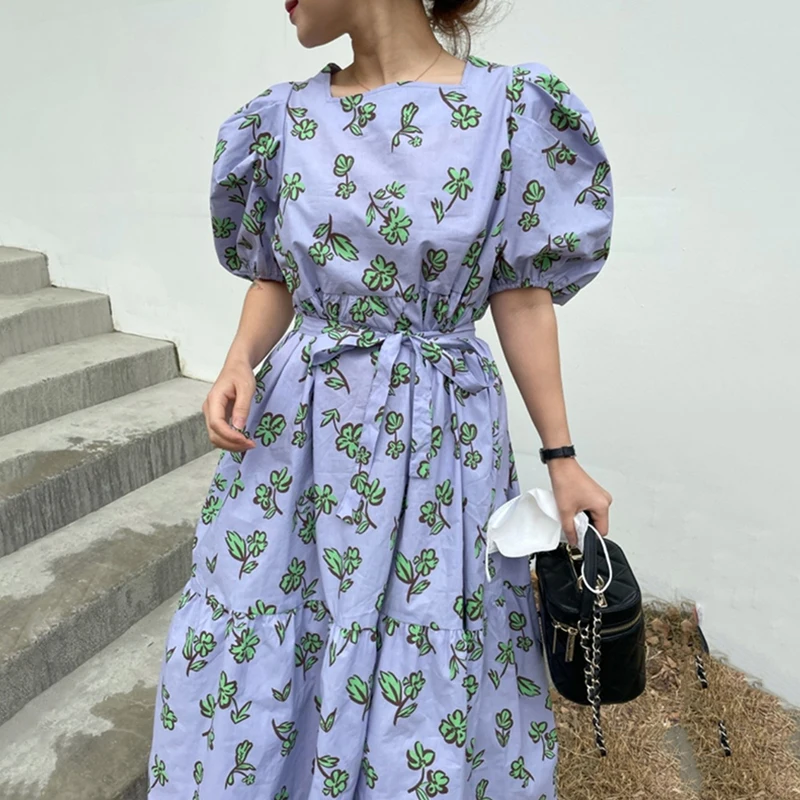 

Korea Elegant Floral Lace-up Bubble Sleeve 2021 Summer Women Dress Bandage Female Girls Dresses
