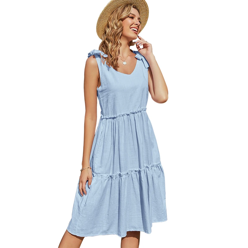 

Summer Solid Color Sleeveless Bow Women Dress Casual Loose Waist Mid Dresses Sexy V-neck Streetwear Ladies Dress